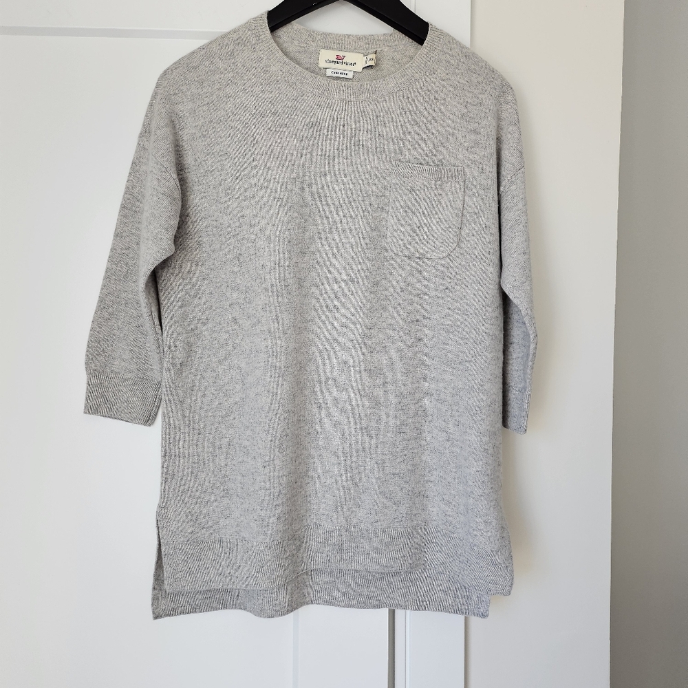 Vineyard Vines Gray Cashmere Knit Tee Womens XXS 3/4 Sleeve Pullover Sweater
